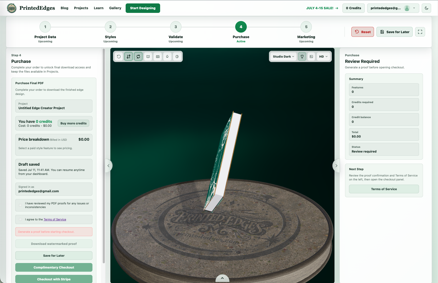 Purchase screen inside the V3 Edge Creator