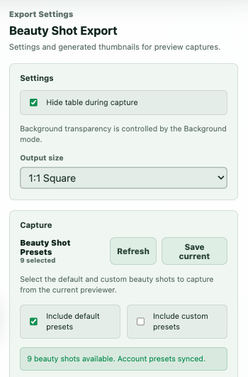 Marketing beauty shot controls