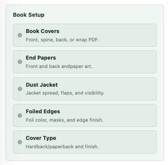 Marketing book setup controls