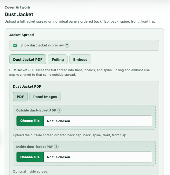 Marketing dust jacket controls