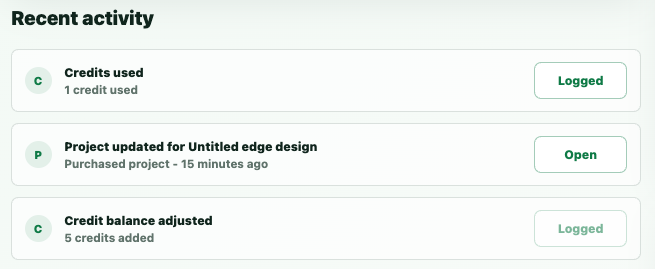 Recent activity panel