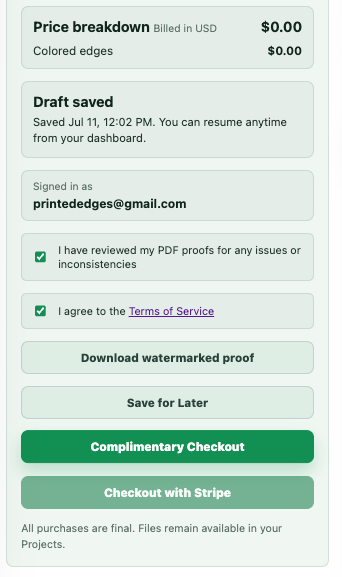 Complimentary checkout panel