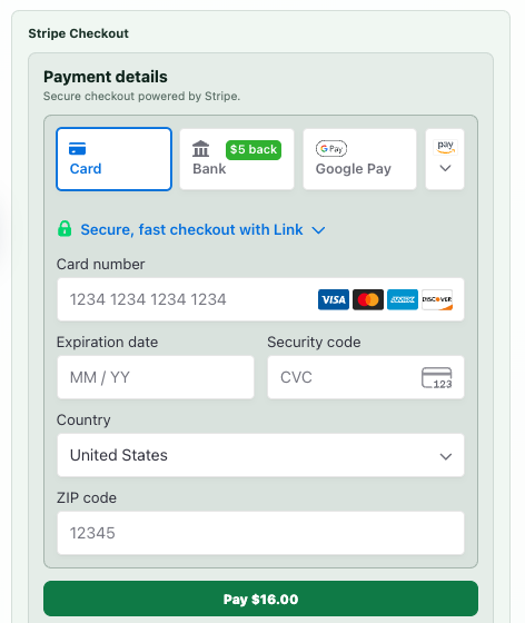 Full Stripe checkout page
