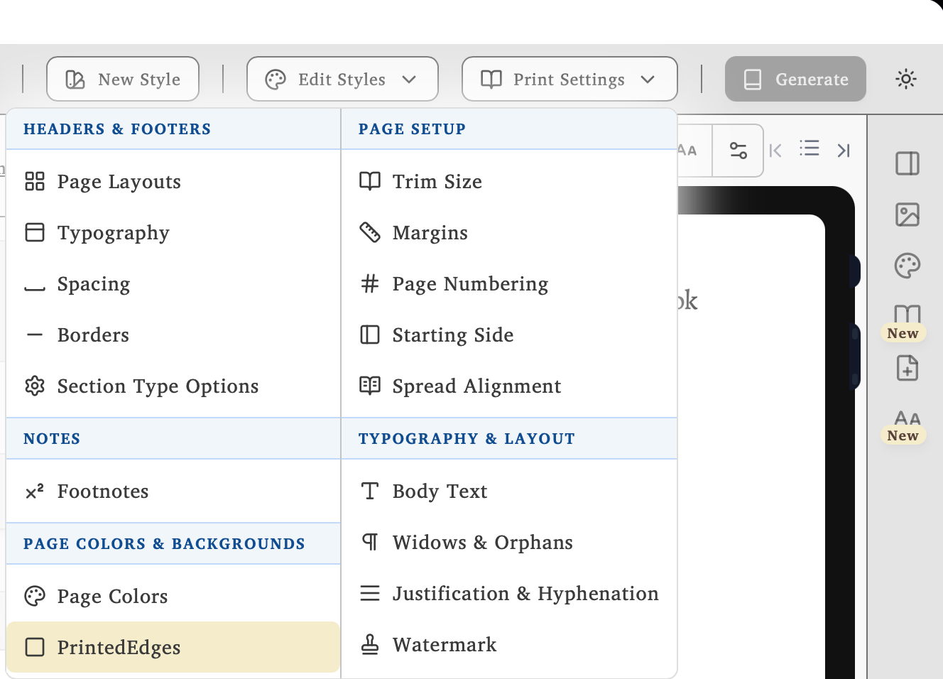 Lacuna Print Settings menu with the PrintedEdges option highlighted