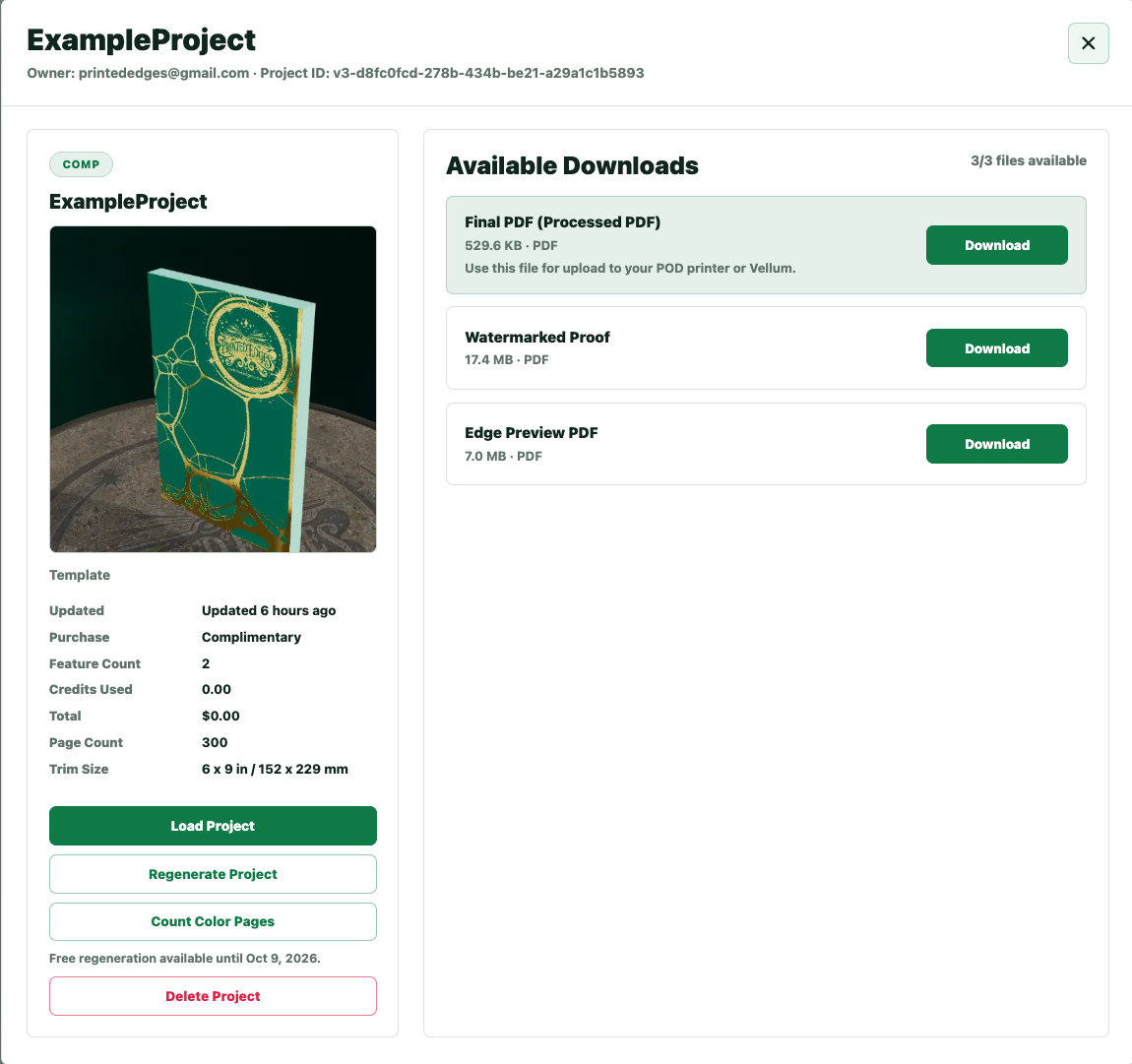 PrintedEdges project detail modal showing the available downloads list