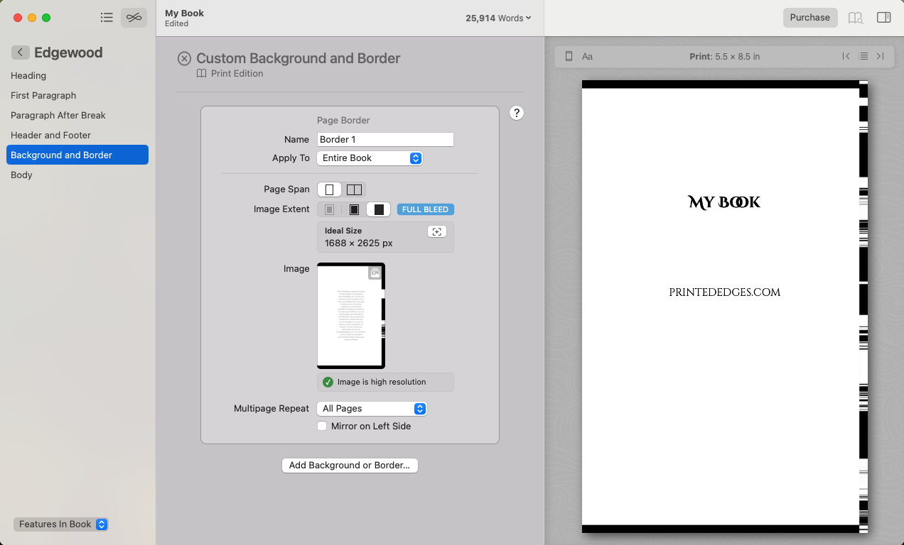 Vellum Background and Border settings with a PrintedEdges page border applied