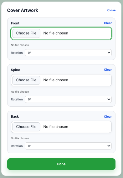 Cover artwork modal with upload slots
